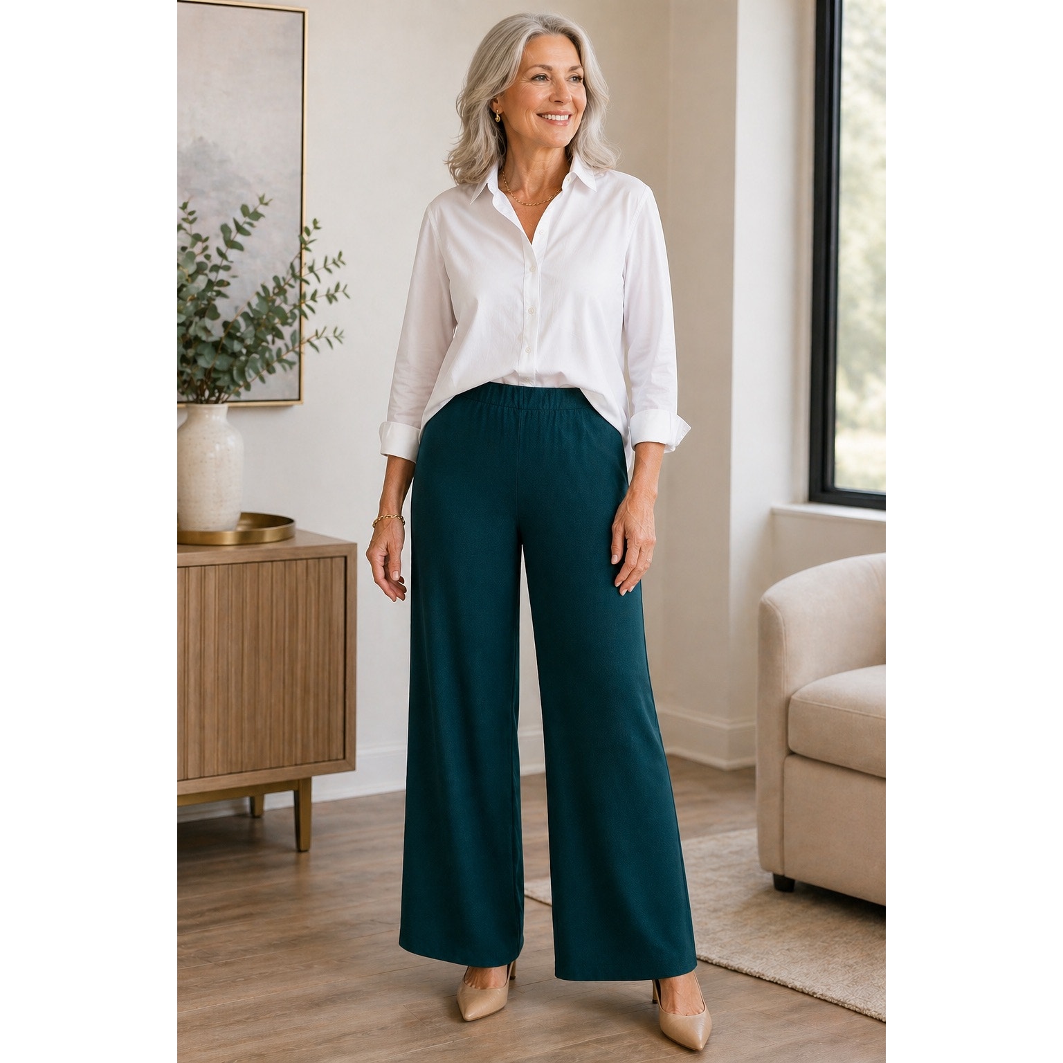 St John Marie Gray Womens Size 10 Santana Knit Pants Green Elastic Waist
